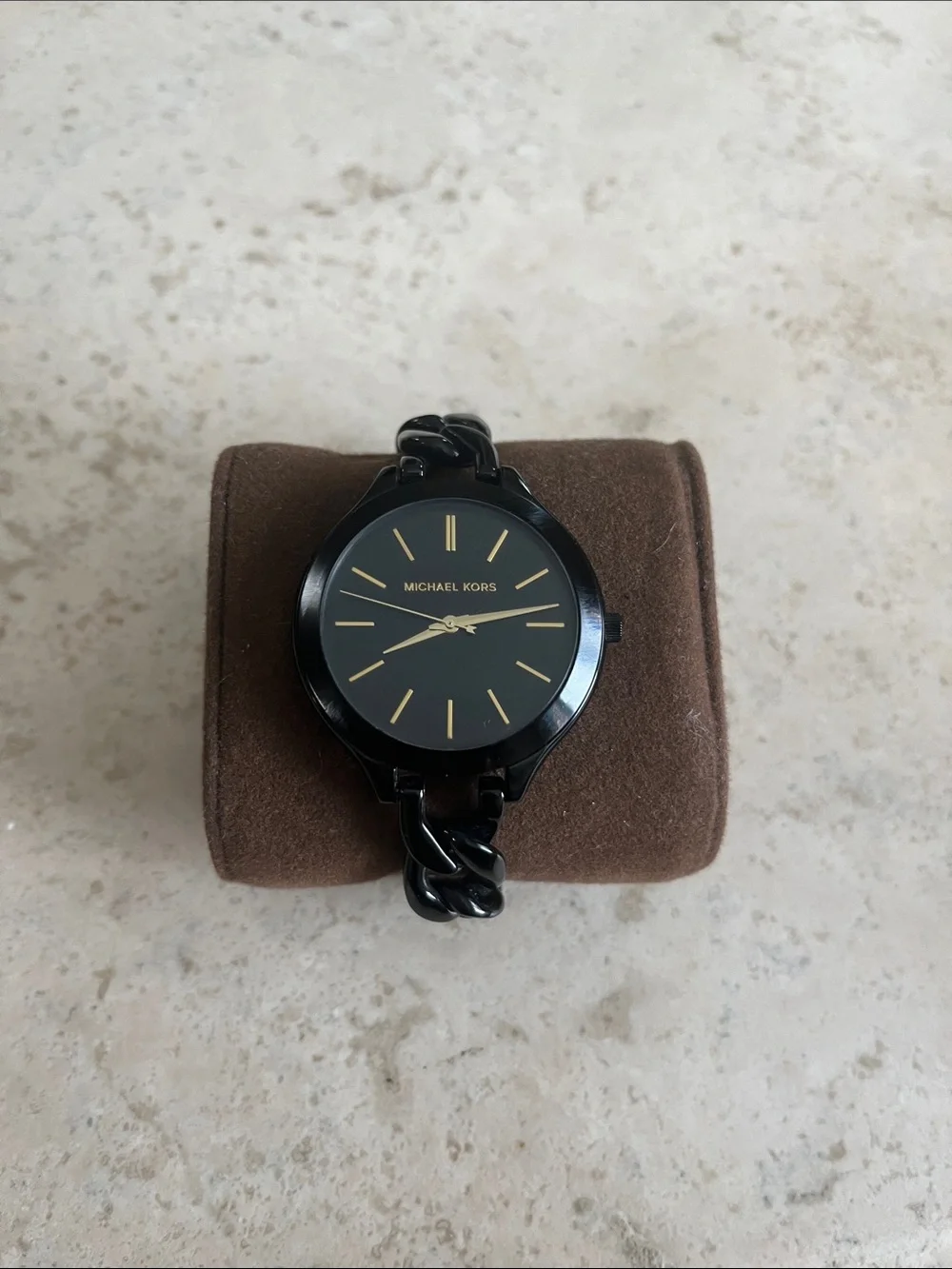 Michael Kors Black Watch with Gold Accents and Chain-Link Bracelet